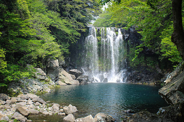 istock Front view of Cheonjeyeon Waterfall cascading into a clear blue pool 2228029637