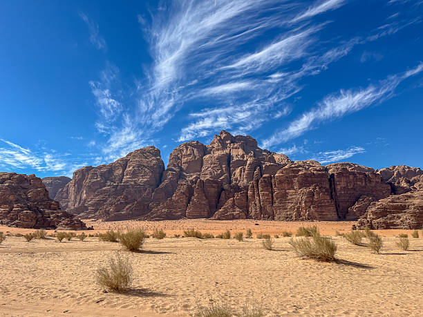 Dramatic sandstone mountains in Wadi Rum desert, Jordan