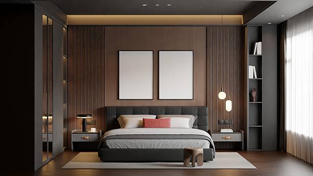 Modern Minimalist Bedroom Interior Poster Frame Wall Mockup