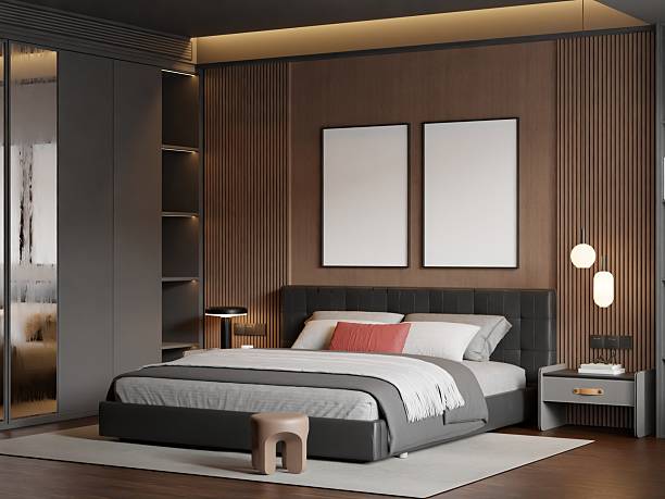 istock Modern Minimalist Bedroom Interior Poster Frame Wall Mockup 2228036402