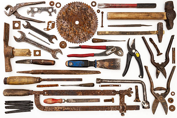 istock Flat lay of old hand tools on white background. 2228038622