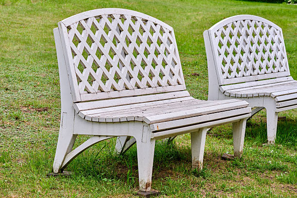 Two white wooden benches sit on green grass in a park, showcasing a cozy area for relaxation and enjoying nature.