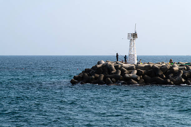 Recife, Pernambuco, Brazil: the Recife lighthouse or Barra lighthouse located on the southern breakwater of Recife, in the ruins of the old fort of São Francisco da Barra, of which only the lighthouse itself remains. Octagonal masonry castellated tower, on a quadrangular base, with the upper half painted white and the lower half red. Capibaribe River estuary in the South Atlantic Ocean.
