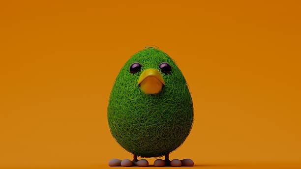 3D green parrot figurine made of grass-like texture standing against a solid orange background.