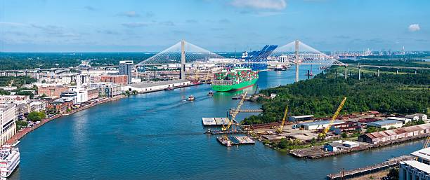 istock Savannah Georgia Port, Bridge and Container Ship Aerial Panorama 2228051236