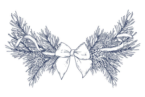 Hand drawn line art illustration of a pine garland with branches and pine cones, tied with a festive ribbon and bow, perfect for seasonal decor, holiday borders or winter-themed holiday arrangements.
