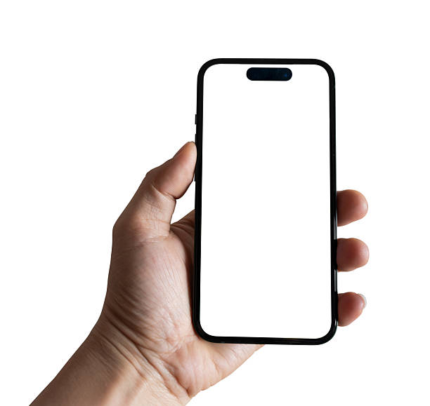 istock Man hand holding smartphone with empty screen isolated on white background, clipping path 2228053827