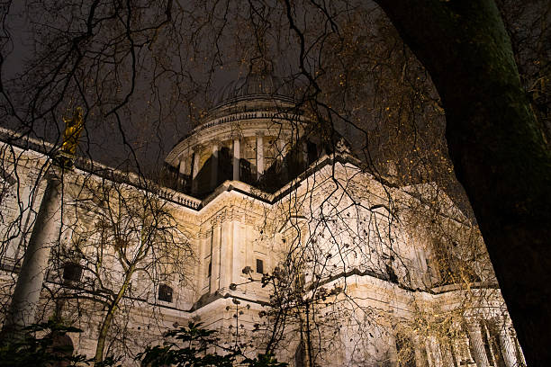 London. UK-01.20.2024. A night time street view of the entrance and frontage of St. Paul's Cathedral.