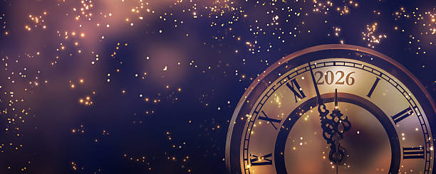 happy new year 2026 countdown clock on abstract glittering midnight sky with copy space, festive party invitation card concept for new years eve