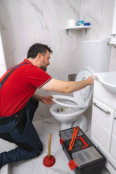 istock Plumber inspecting toilet bowl in bathroom during maintenance work 2228065426