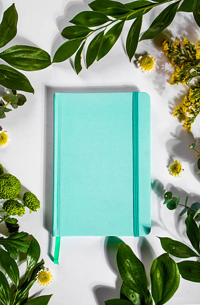 istock Notebook, card mock up on with green plant and flowers. Space for text. Top view. Greetings template 2228066908