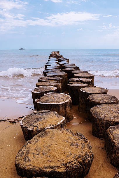 istock Old Wooden Breakwater Posts Stretching into Calm Sea. 2228071502
