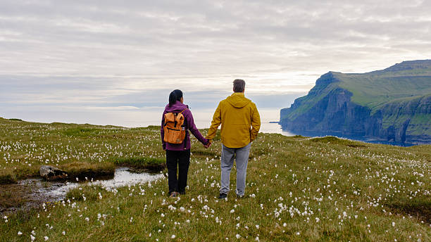 istock Two people stand hand in hand on lush green grass, surrounded by cotton grass and dramatic cliffs 2228073321