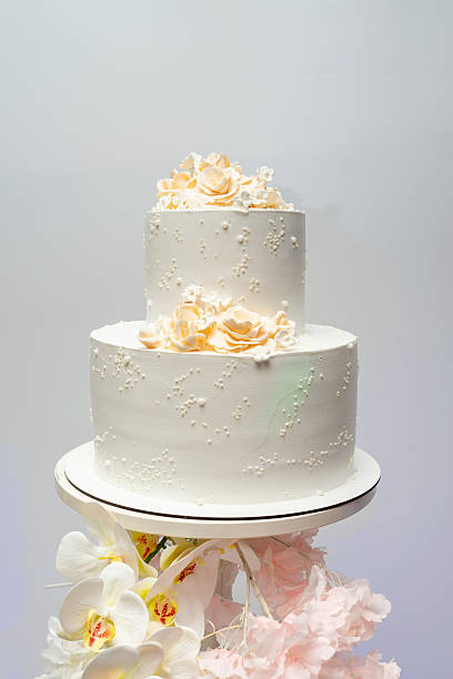 istock White two-tiered wedding cake decorated with flowers 2228089590