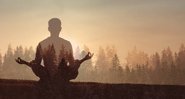 istock Meditation at beautiful sunset or sunrise forest nature background. 2228096644