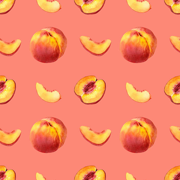 istock Watercolor pattern with half peach without pit, peach slices, a ripe peachon a terracote background 2228096803