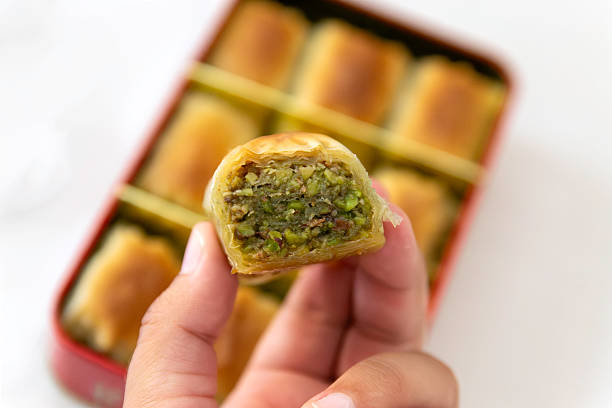 Close-Up of  Pistachio Baklava Held in Hand, Box of Sweets on white Background, flatlay, copy space