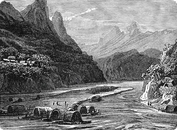 The scenic Nam Ou River valley winding through mountainous terrain in northern Laos, showing traditional riverside villages. Old vintage illustration, 1899.