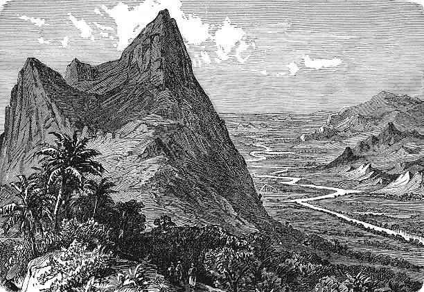 The Myitnge River (also called Nam Tu) flowing through mountainous terrain as it joins the Irrawaddy in Myanmar. Old vintage illustration, 1899.