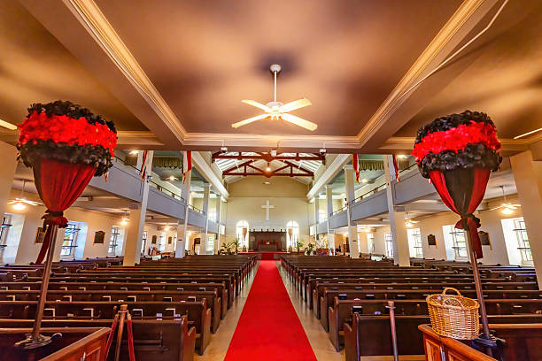 Basilica Kahilis Feathered Royalty Standards Kawaiahao Congregational Proteestant Church Honolulu Oahu Hawaii. Founded 1820, Oldest Church on Oahui. U.S. National Historic Landmark  Frequented by Kings of Hawaii. Hawaiian language used in Service.