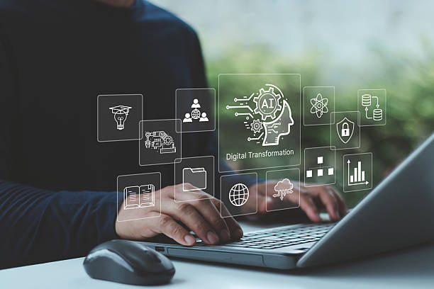 istock Digital transformation and AI technology strategy concept. Businessman using laptop with artificial Intelligence to enhance business capabilities, automation industry, cloud computing data, education. 2228109636