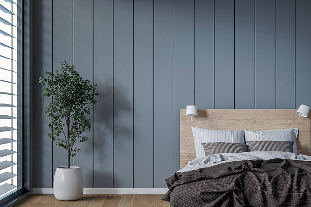 istock Front, close-up view of a modern, minimalistic bedroom with a bed, an empty shiplap paneled wall, a potted plant, windows and decoration 2228111353