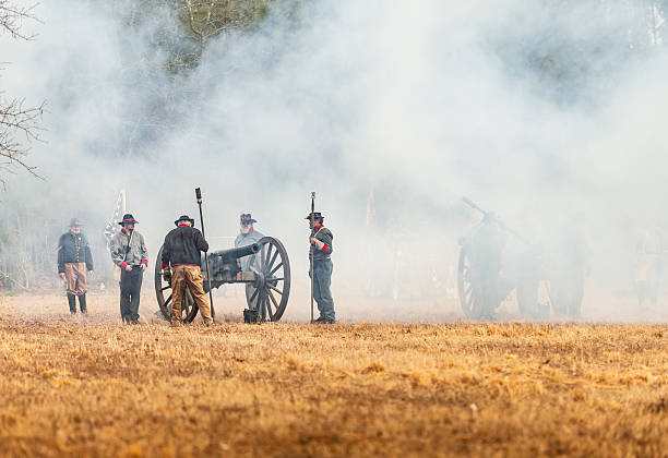 Huntington Beach CA USA - August 31, 2024: Union Troops firing cannons during a Civil War reenactment, the Huntington Beach Historical Society hosts, the 31st annual Civil War Days, a reenactment of the Civil War at Huntington Beach Central Park.