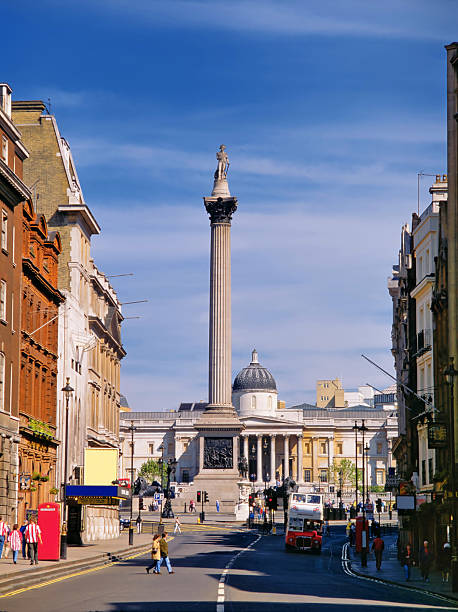 London, United Kingdom - March 11, 2022: View along Whitehall, London, toward Nelson's Column and Trafalgar Square, with the National Gallery in the distance