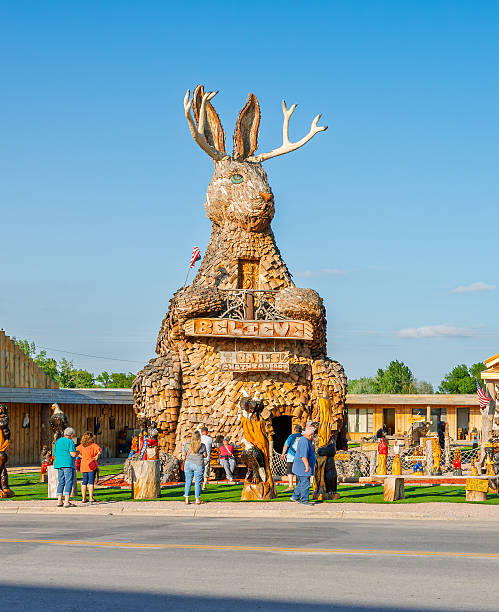 The 42 foot tall jackalope, half jackrabbit and half antelope, a chainsaw sculpture in the historic town of Wall South Dakota USA.