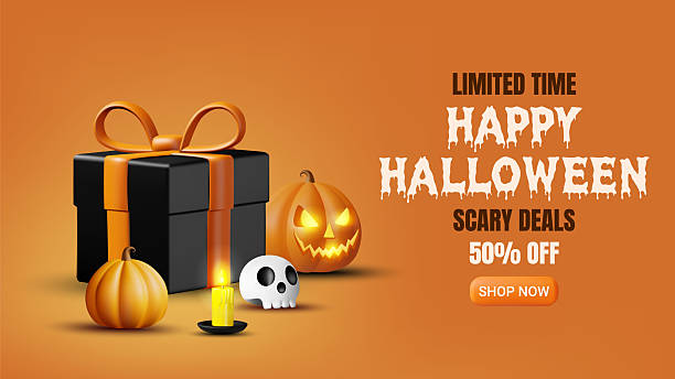 istock 3D vector render of a Halloween promotion banner decorated with gifts, pumpkins, skulls, candles, the text SCARY DEALS and 50% OFF with a SHOP NOW button. Mysterious yet friendly atmosphere. 2228120665