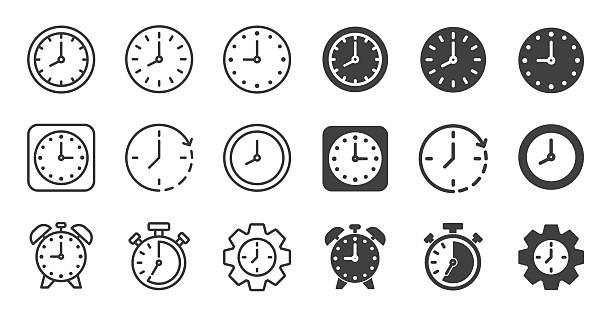 Clock icons collection. Editable stroke. Thin line and glyph solid style series icons Clock icons collection. Editable stroke. Thin line and glyph solid style series icons timer stock illustrations