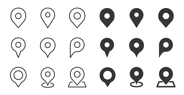 Map pin icons collection. Editable stroke. Thin line and glyph solid style series icons