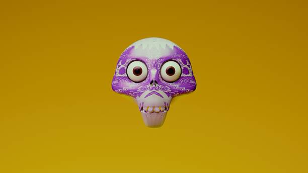 A 3D purple ornamental skull with large round eyes floats in a centered frontal view against a solid orange backdrop, showcasing intricate patterned textures and a stylized, cartoonish design.