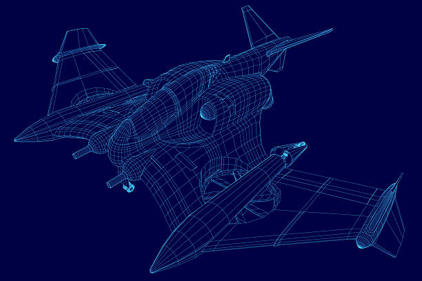 istock A 3D wireframe model of a combat fighter jet displays intricate blueprint details on a solid blue background. The design highlights aerodynamic contours, weapon placements, and structural framework. 2228135895