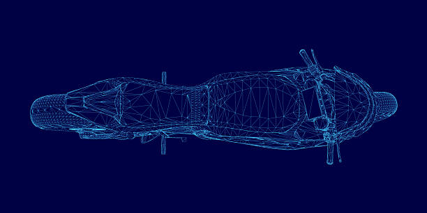 istock A detailed 3D wireframe model of a motorbike on a solid blue background, showcasing the intricate mechanical structure. The blueprint-style rendering highlights the frame, wheels. 2228137166