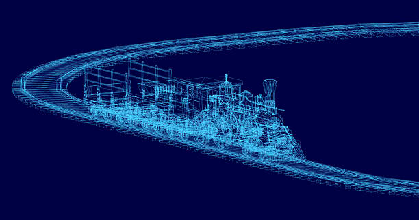 istock A detailed 3D wireframe model of a steam locomotive features visible engine components, smokestacks, and large wheels against a solid blue background. The intricate design highlights the toy train's. 2228137345