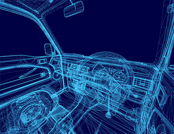 istock Blueprint of a car dashboard displays detailed interior components on a blue background, featuring cargo space and wireframe design. The truck dashboard layout highlights functional elements. 2228138697