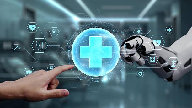 istock Robot and human reach hand and point finger with cross icon float. Salubrious. 2228138945