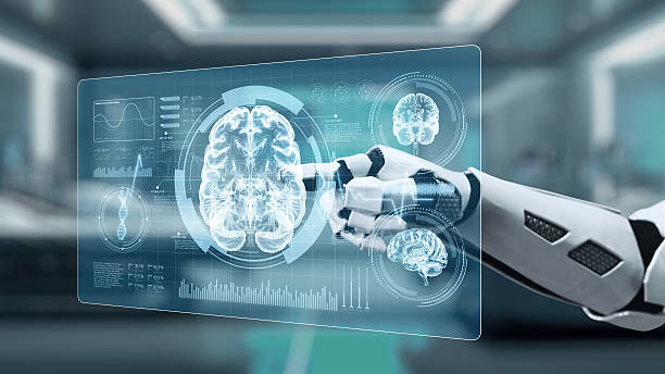 istock Close up of robotic hand pointing and tapping at brain hologram. Salubrious. 2228139007
