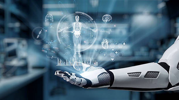 istock Robotic hand open palm of hand with human anatomy hologram float. Salubrious. 2228139095
