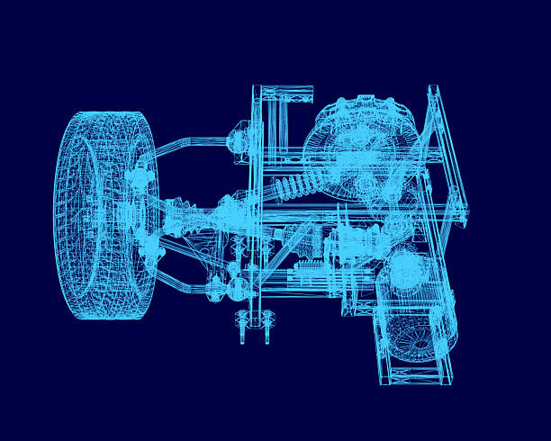 istock Blueprint of a car chassis displayed on a blue background, featuring detailed wireframe components and modular drive unit design. The technical illustration highlights structural elements. 2228141848