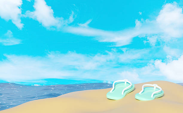 istock Minimal 3D render of light blue flip-flops on a sandy beach next to blue ocean waves under a bright turquoise sky with white clouds. Concept of summer vacation, travel, and relaxation. 2228146693