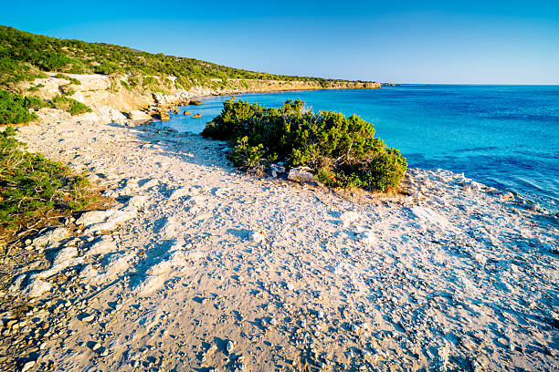 Blue Lagoon on the Akamas Peninsula at sunrise. Tropical vacation, Neo Chorio, near Latchi, Cyprus. Sea bay in the morning. Natural landscape Mediterranean coast.