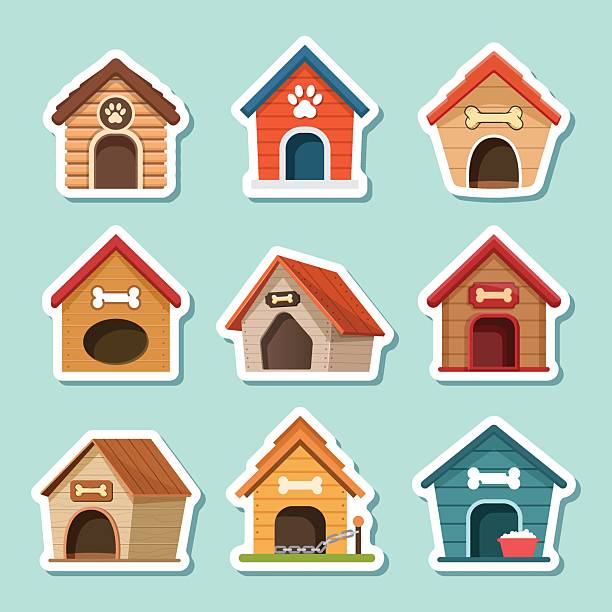 istock Dog house sticker icon set collection in flat style. Pet home vector illustration on isolated background. Animal shelter sign business concept. 2228150311