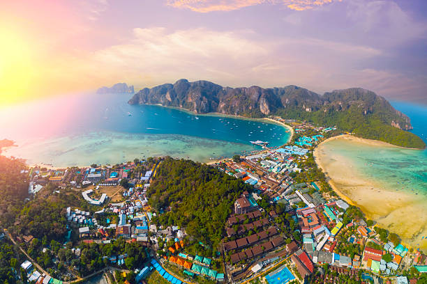 Aerial view sunset Phi Phi island in Andaman Sea from drone in Province of Krabi, travel landmark of Thailand.