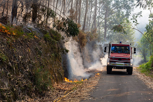 istock A fire engine is working to extinguish a forest fire in Galicia. 2228159244