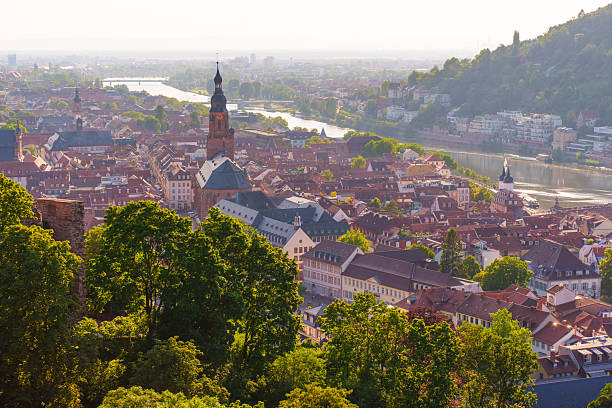 Panoramic view of Heidelberg, Germany, showcasing historical buildings and the river at sunset.
