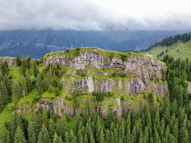 Elevated rocky hill covered with green grass and a white cross on top. Dense pine forest surrounds the hill with misty mountains in the background. Scenic natural landscape with religious symbol.