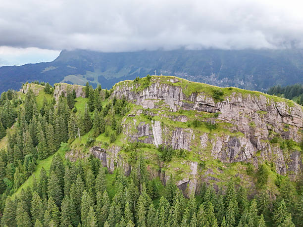 Elevated rocky hill covered with green grass and a white cross on top. Dense pine forest surrounds the hill with misty mountains in the background. Scenic natural landscape with religious symbol.