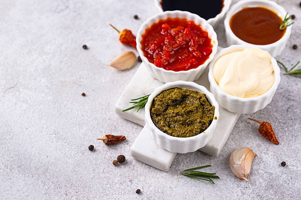 istock Set of different sauces. Ketchup, mustard, pesto 2228177544